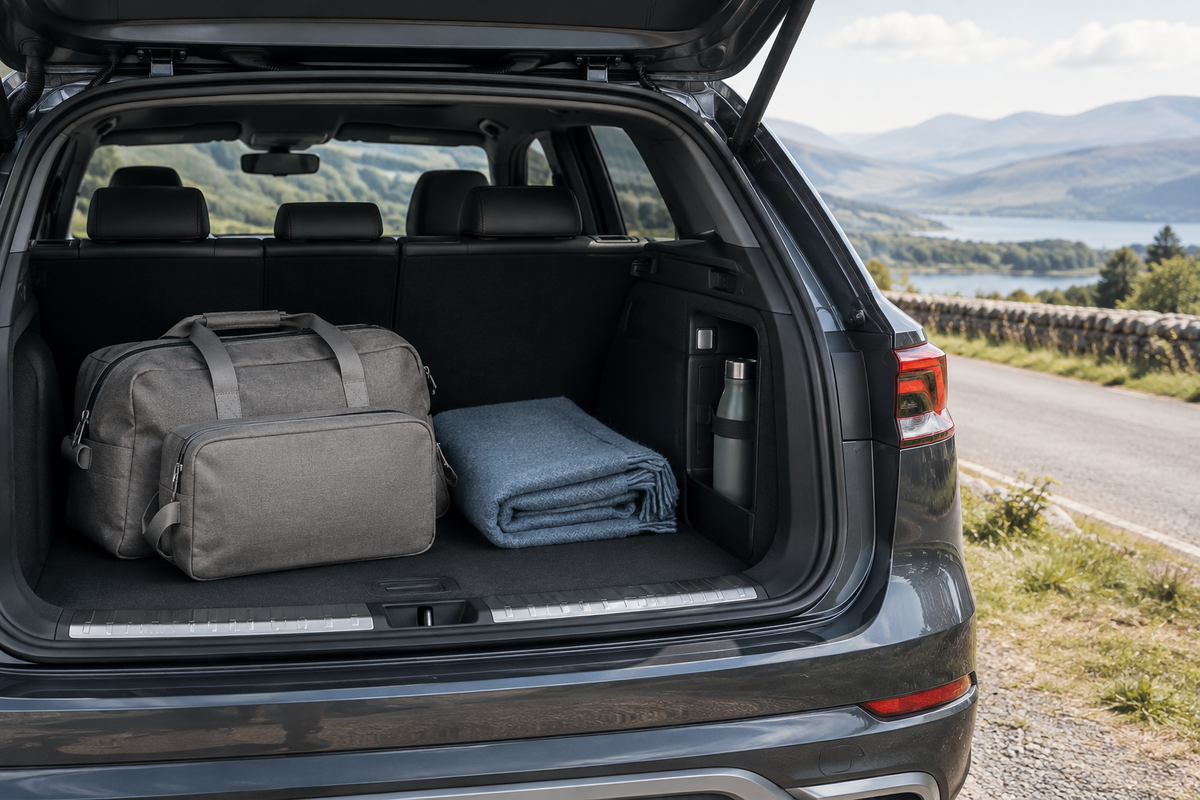 Immagine Novimino per Ready for the Road con bagagliaio ordinato e paesaggio da viaggio